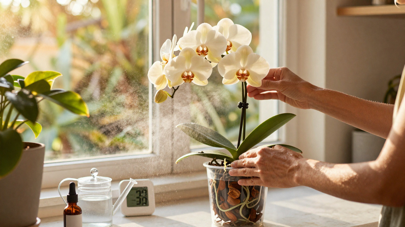Pessoa cuidando de orquídea branca ao lado de janela com umidificador e termômetro marcando 38°C.