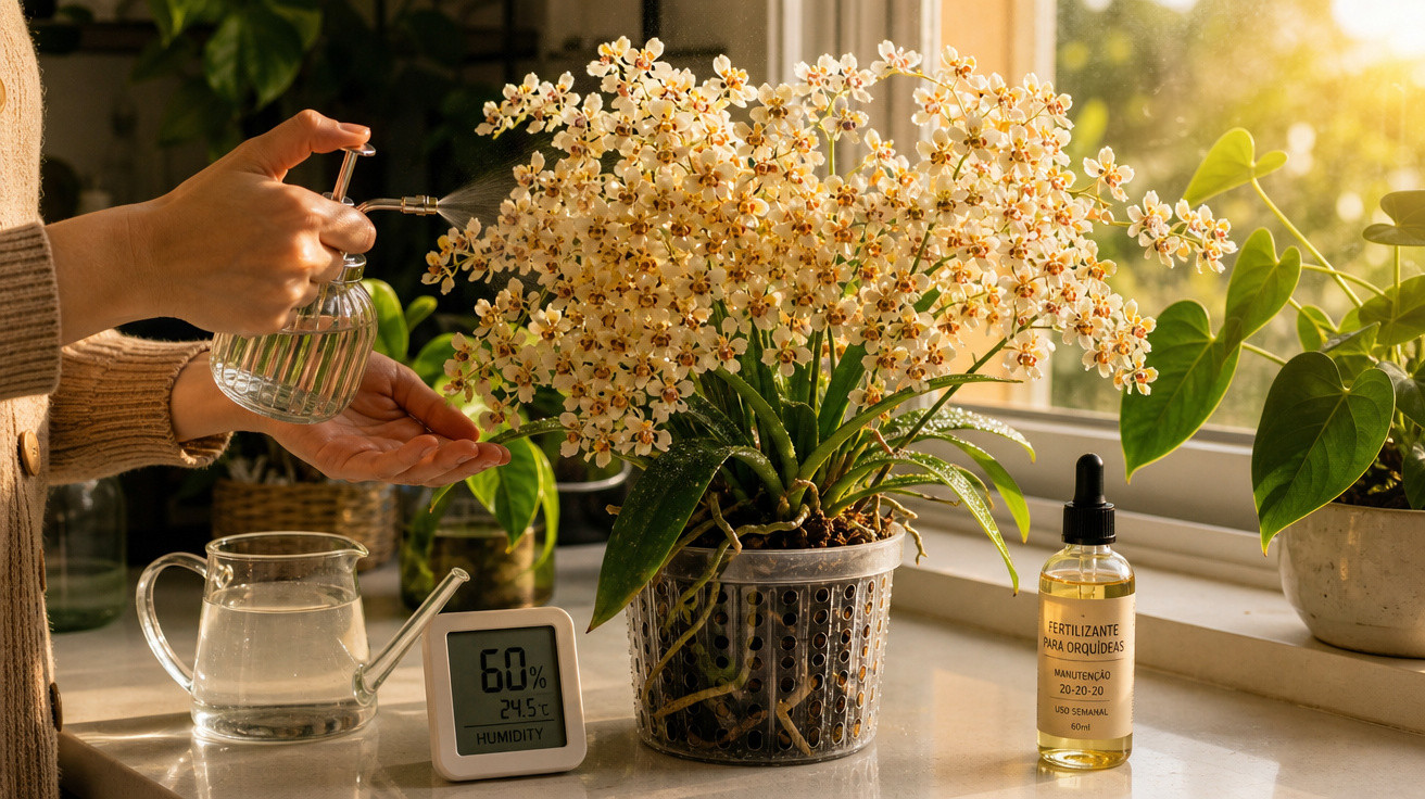 Pessoa borrifando água em orquídea branca dentro de casa com medidor de umidade e fertilizante ao lado.