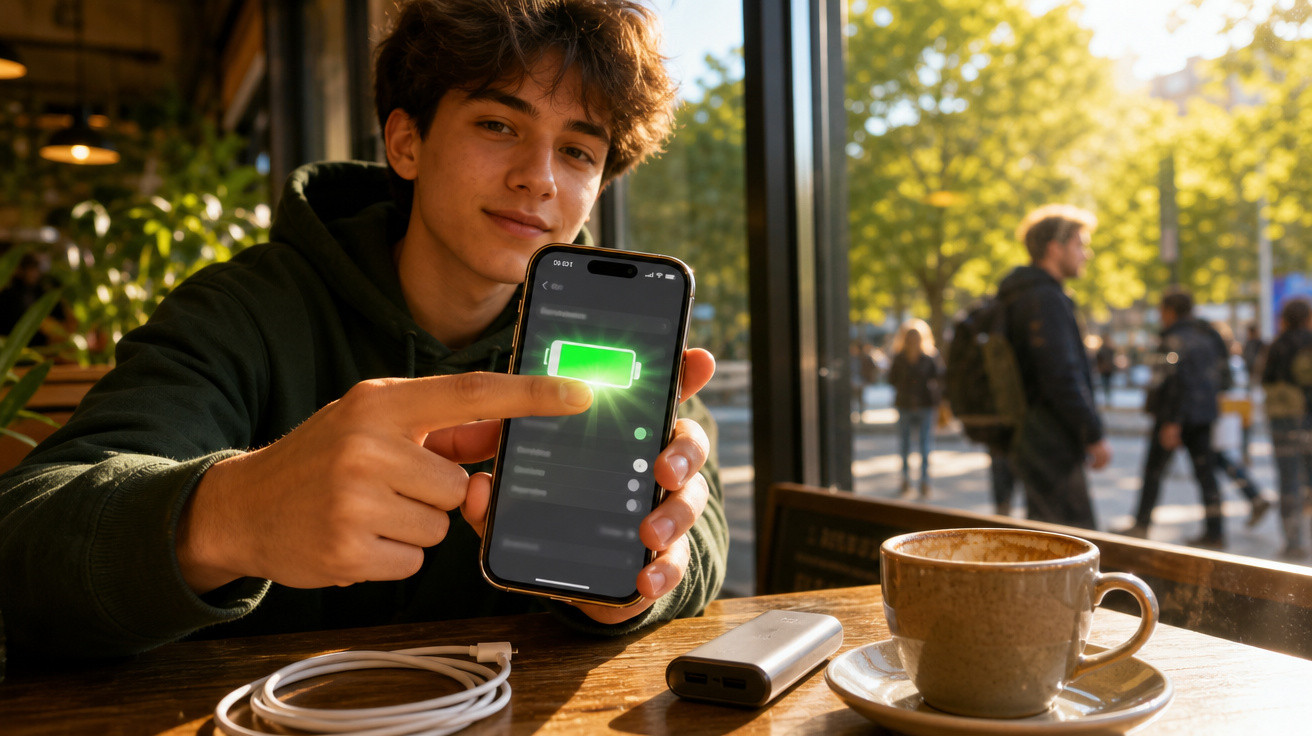 Jovem sentado em café mostra tela do celular com bateria carregada, com janela e pessoas ao fundo.