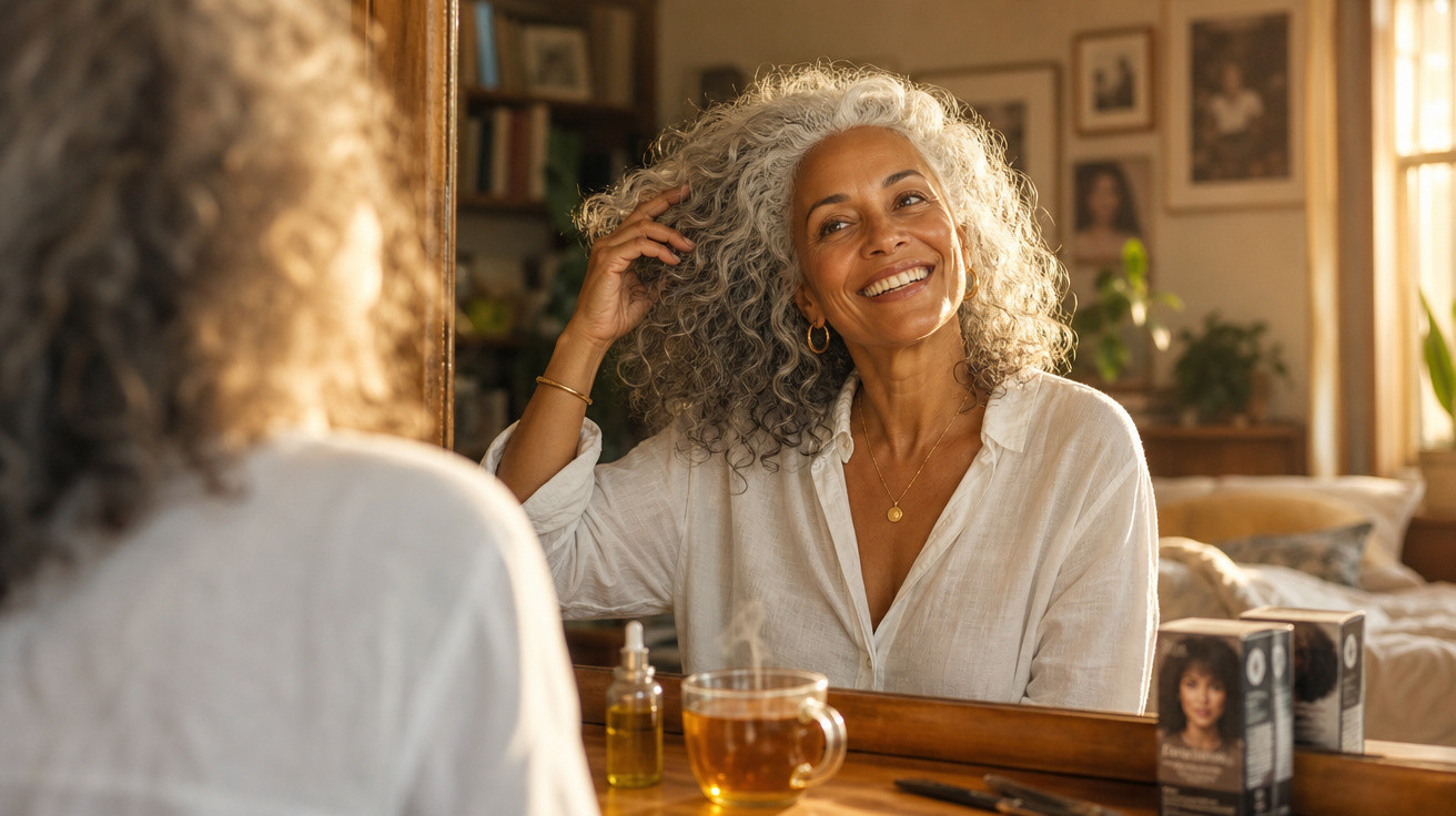 Mulher sorridente com cabelos grisalhos olhando no espelho enquanto ajeita o cabelo em um ambiente acolhedor.