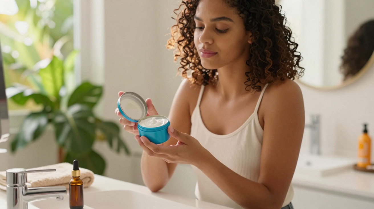 Mulher em banheiro abrindo pote de creme hidratante, com plantas e espelho ao fundo.