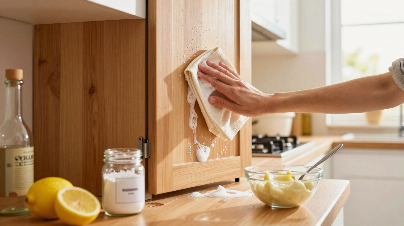 Mão limpando um armário de madeira com pano branco na cozinha, com limão e potes sobre a bancada.