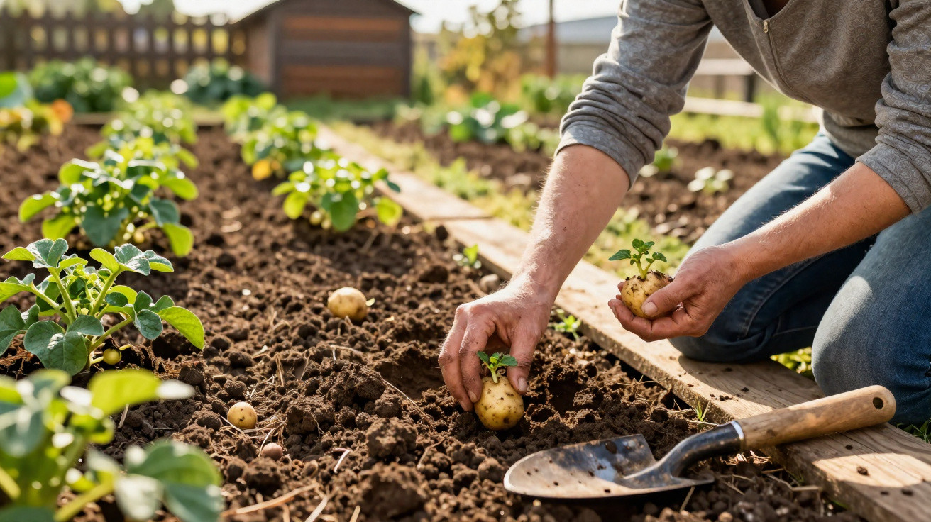 Pessoa colhendo batatas em plantação com pá de jardinagem ao lado em canteiro de terra.