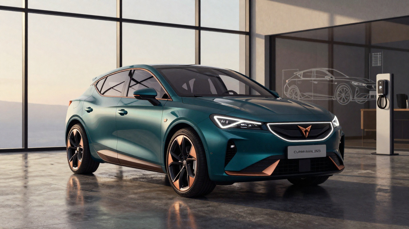 Carro elétrico cupra verde metálico estacionado em showroom moderno com paredes de vidro e estação de recarga.