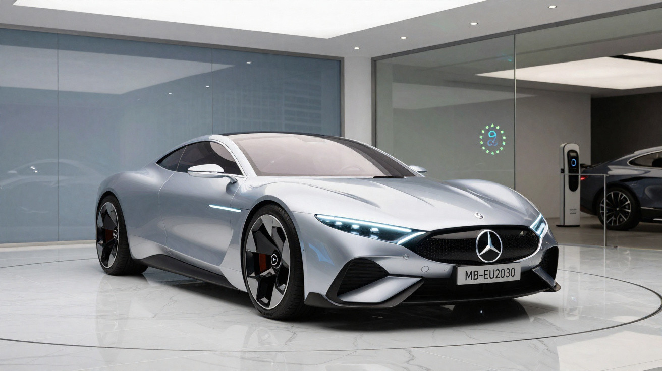Carro esportivo prata Mercedes-Benz elétrico, em ambiente moderno com piso branco e parede de vidro.