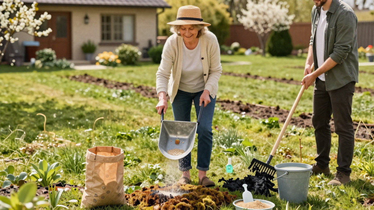 Mulher semeando terra no jardim com homem ao lado usando ancinho durante dia ensolarado.