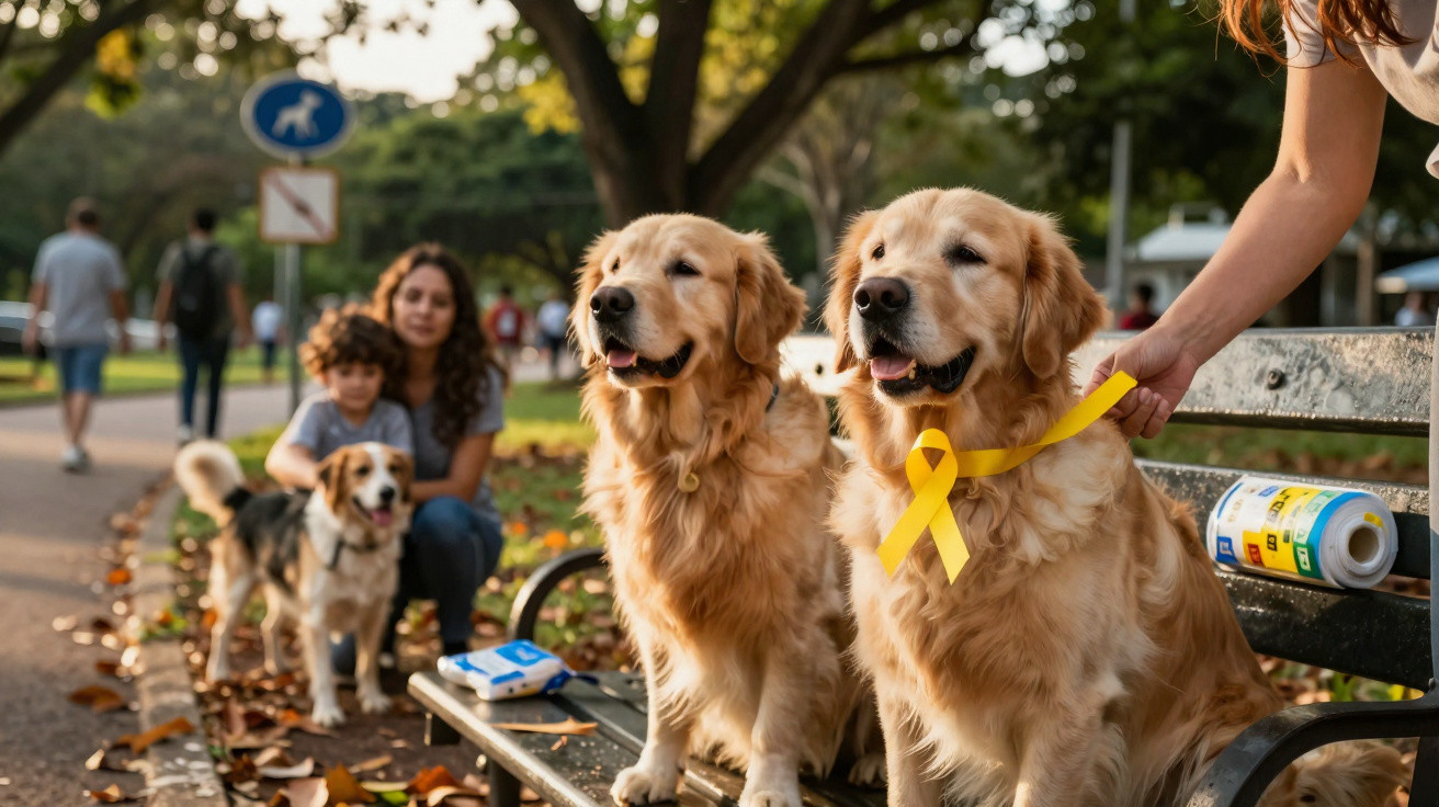 Dois cães golden retriever com laços amarelos sentados em um banco de parque, com pessoas ao fundo.