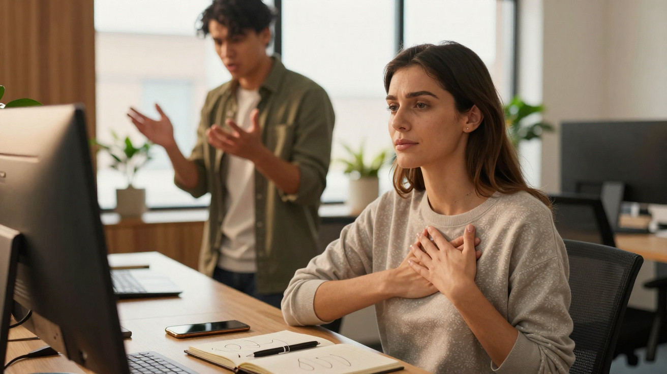 Mulher sentada no escritório com expressão de desconforto enquanto homem gesticula ao fundo.