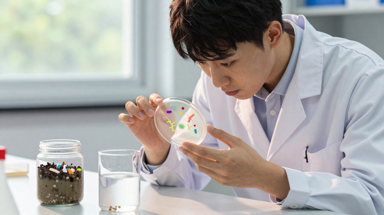 Cientista jovem analisando placa de petri com culturas coloridas em laboratório iluminado.