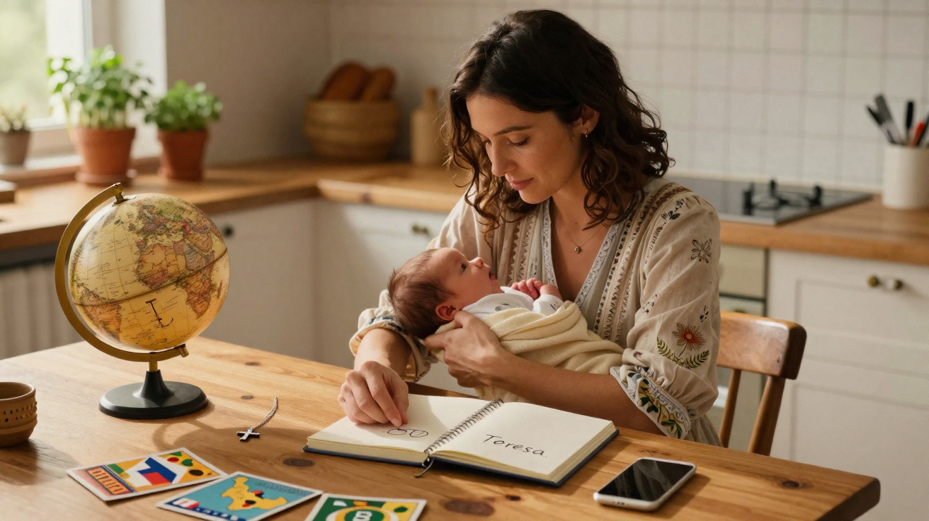 Mulher segurando um bebê no colo enquanto escreve nome "Teresa" em caderno, sentada à mesa de cozinha.