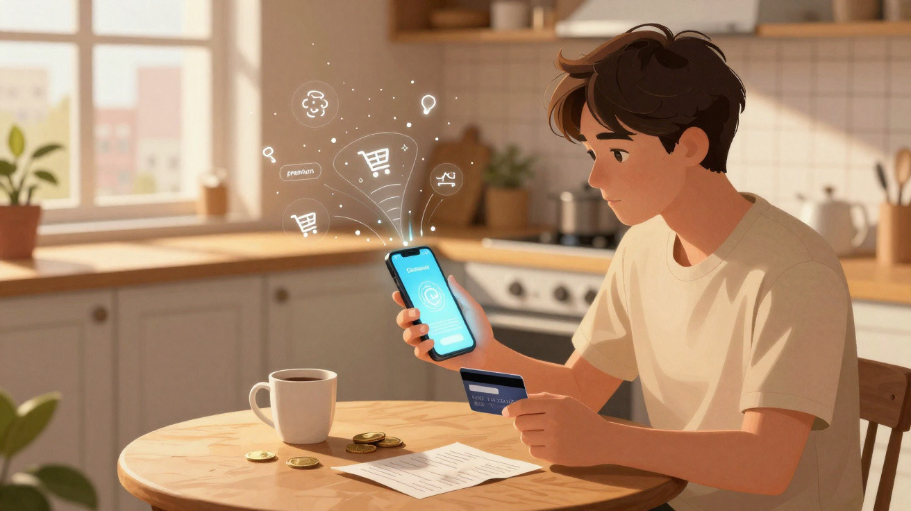 Jovem sentado à mesa com celular e cartão de crédito, fazendo compras online na cozinha iluminada.