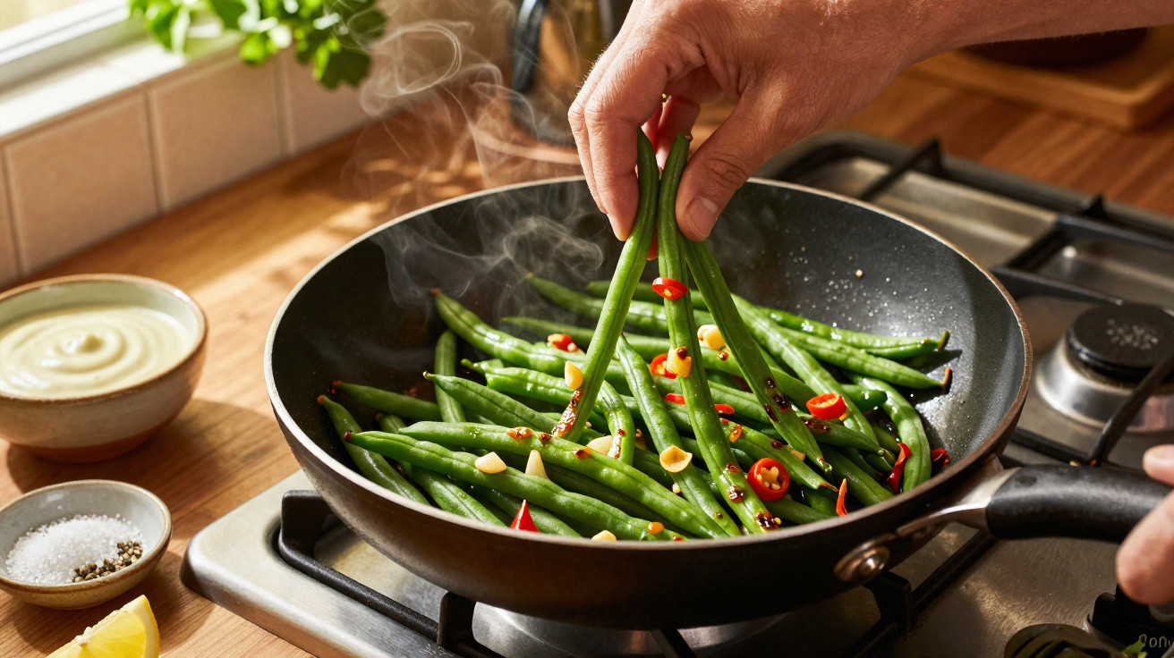 Mãos mexendo vagem refogando com alho e pimenta vermelha em frigideira na cozinha.