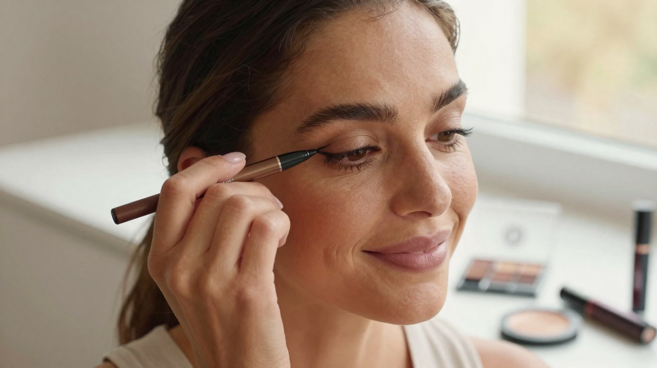 Mulher aplicando delineador nos olhos com expressão serena em ambiente claro e maquiagem ao fundo.