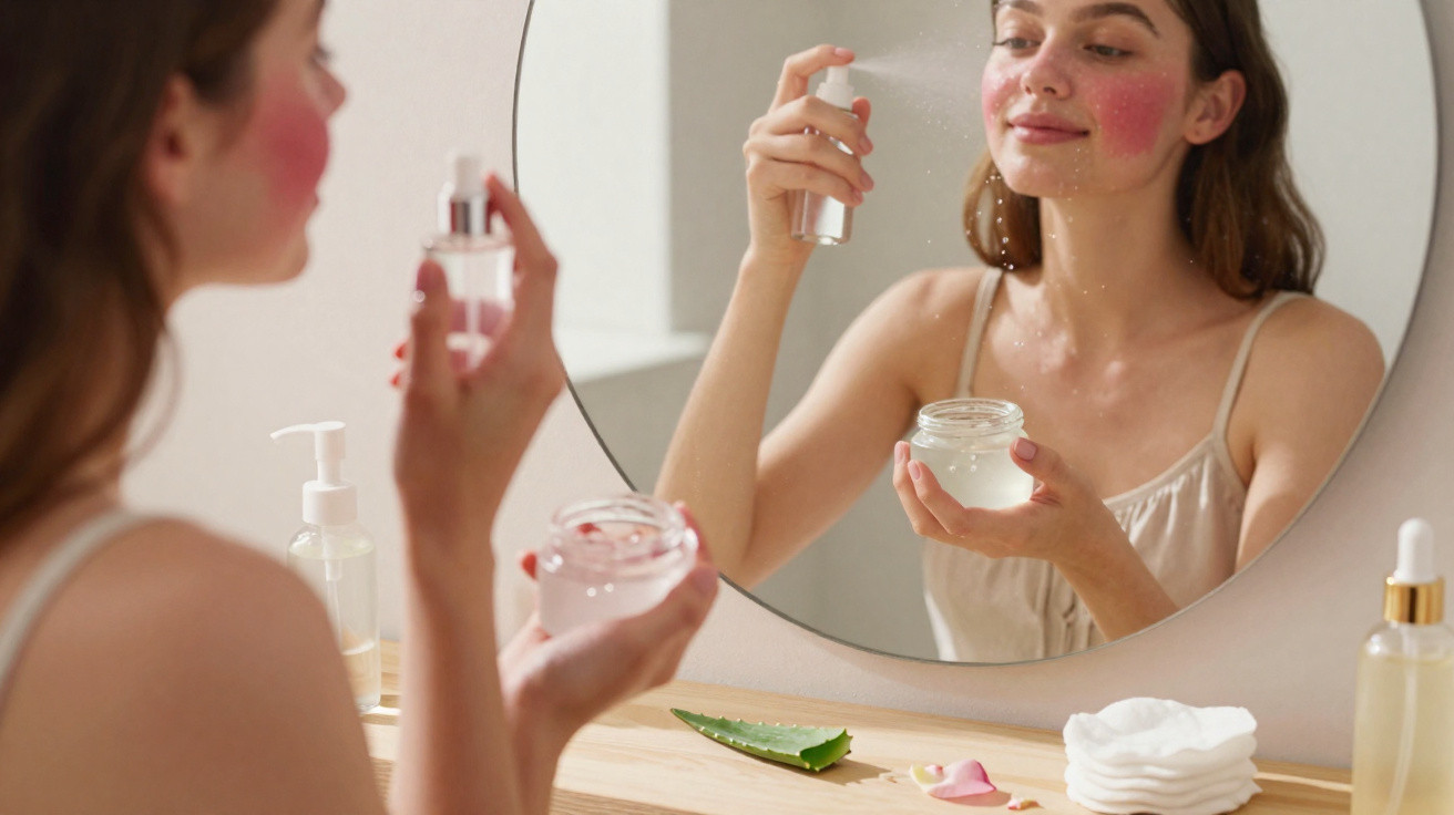 Mulher aplicando spray facial em frente ao espelho com pote de creme e folha de aloe vera na bancada.