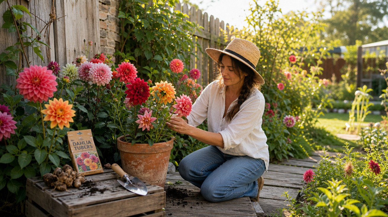 Mulher de chapéu cuidando de plantas com flores coloridas em jardim ensolarado ao ar livre.