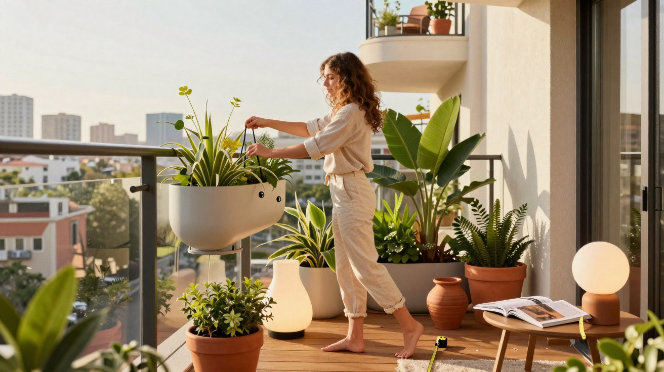 Mulher cuidando de plantas em varandá ensolarada com vasos e móveis de madeira.