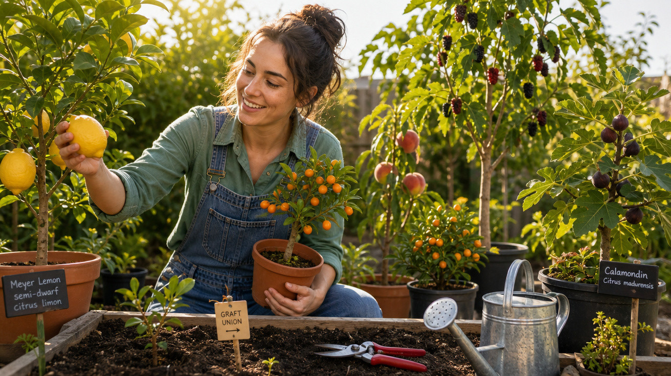 Mulher sorrindo cuidando de plantas em vasos com frutas em jardim ensolarado.