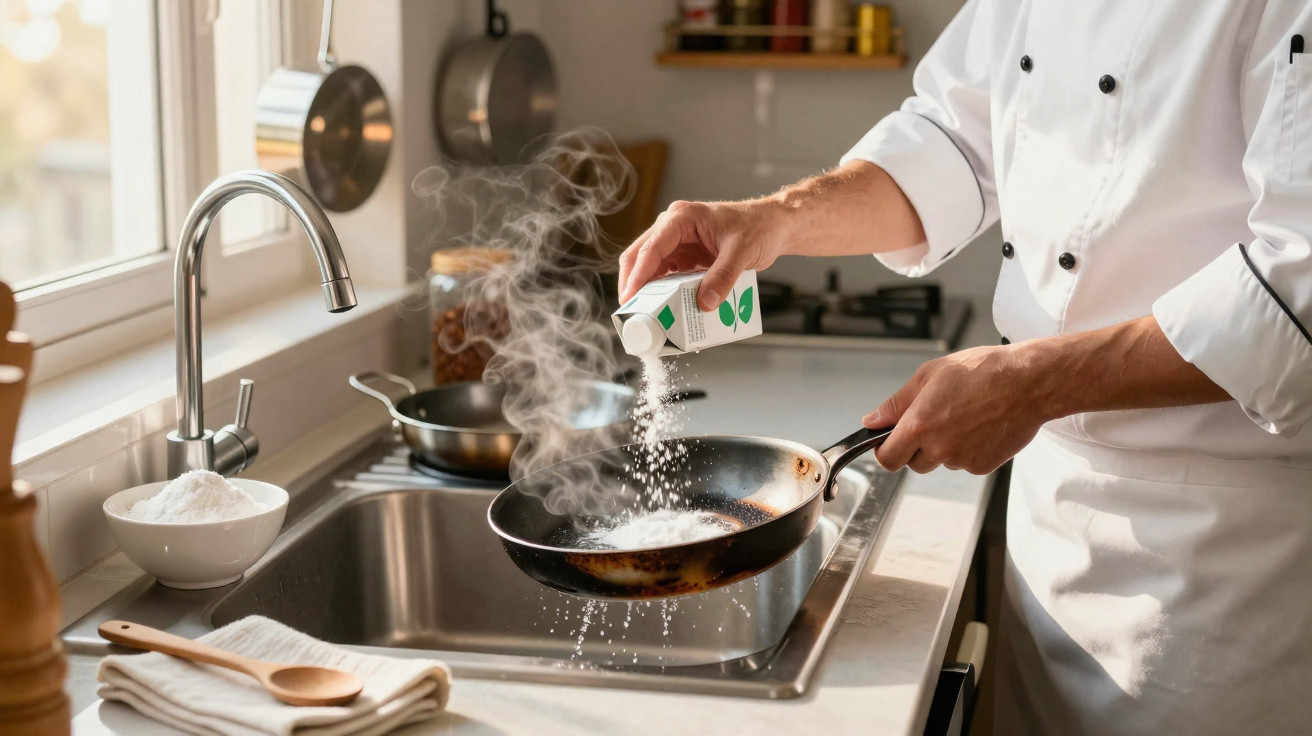 Chef adiciona sal em frigideira com vapor na cozinha iluminada pela luz natural da janela.
