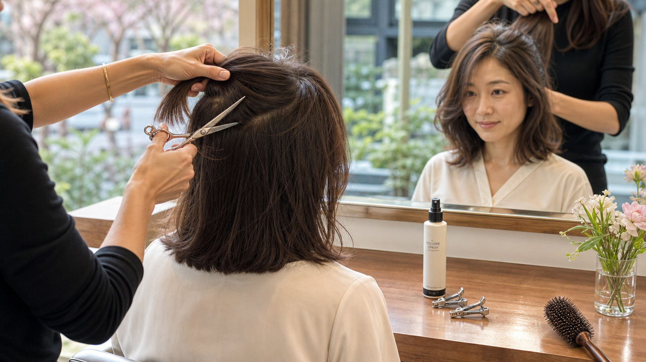 Mulher cortando cabelo médio em salão, refletida no espelho com produtos e flores na bancada.