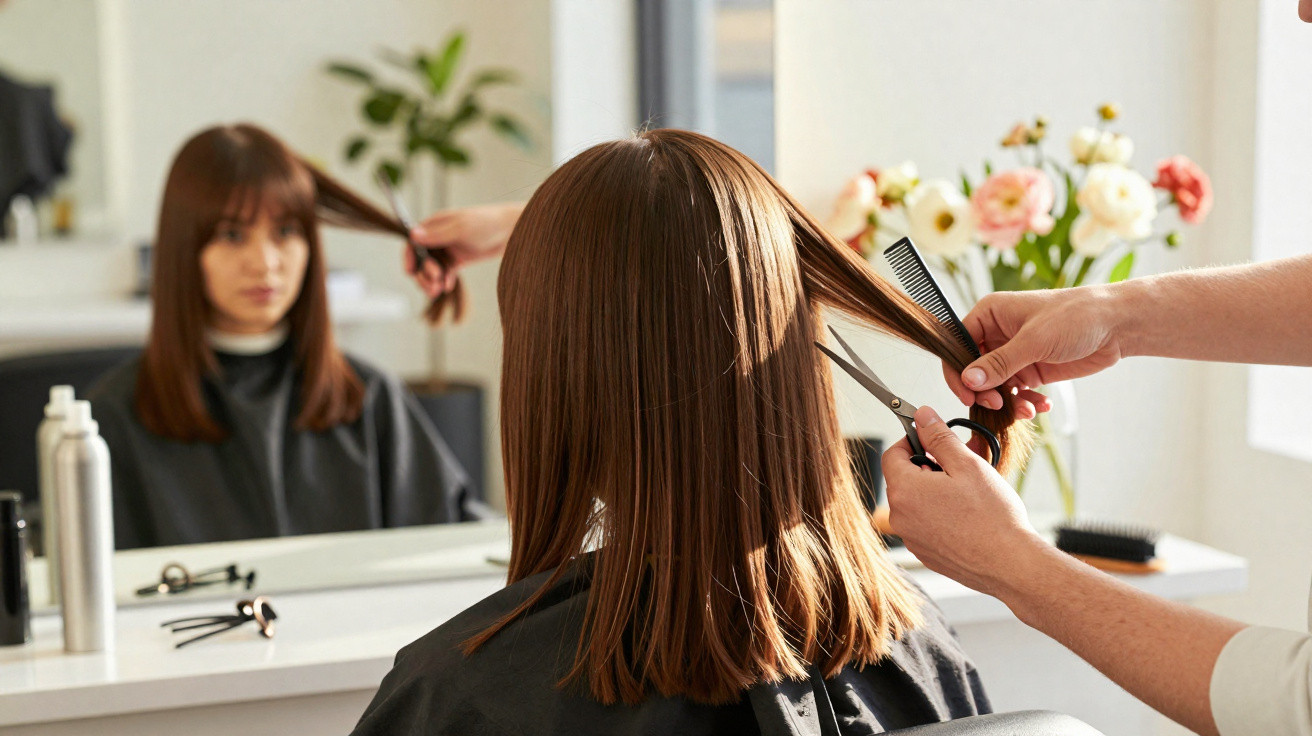 Mulher com cabelo castanho sendo cortada por cabelereiro em salão de beleza, refletida no espelho à frente.