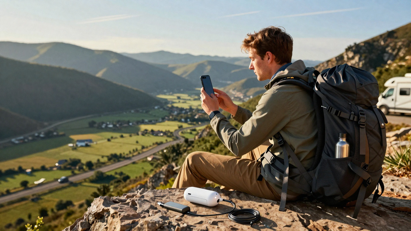Homem com mochila grande sentado em penhasco usando celular com vale e montanhas ao fundo durante o dia.