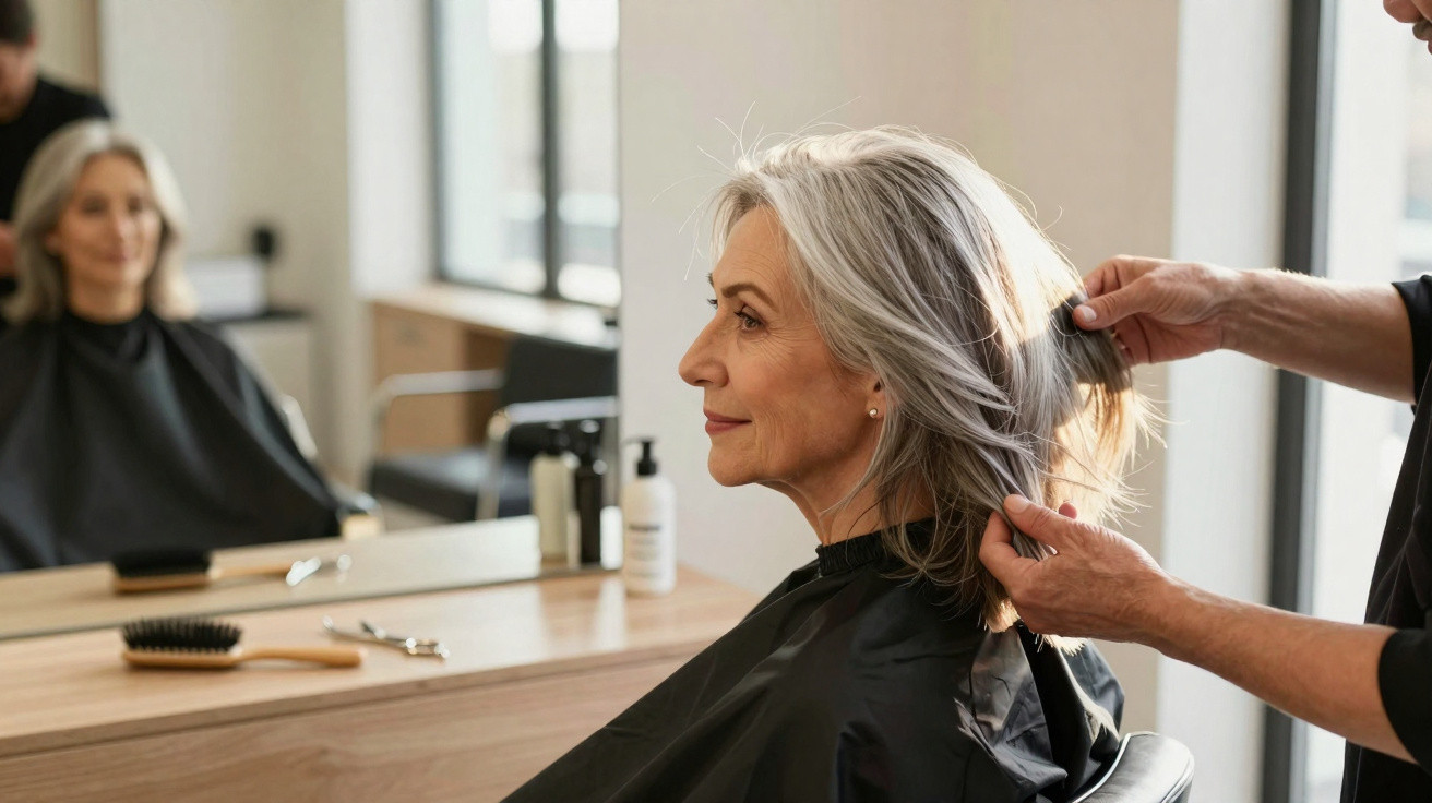 Mulher de cabelos grisalhos sentada em cadeira de salão enquanto cabeleireiro arruma seu cabelo.