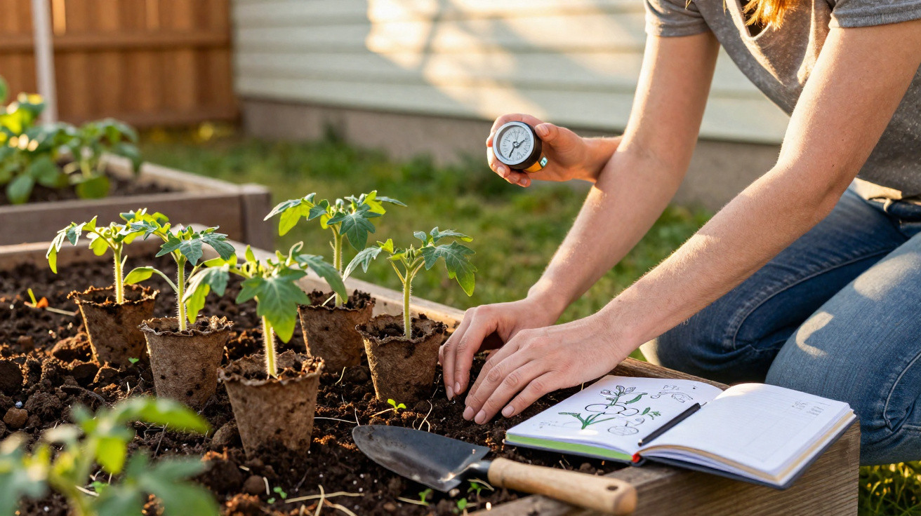 Pessoa utilizando higrômetro para medir umidade do solo enquanto cultiva mudas em vaso biodegradável no jardim.