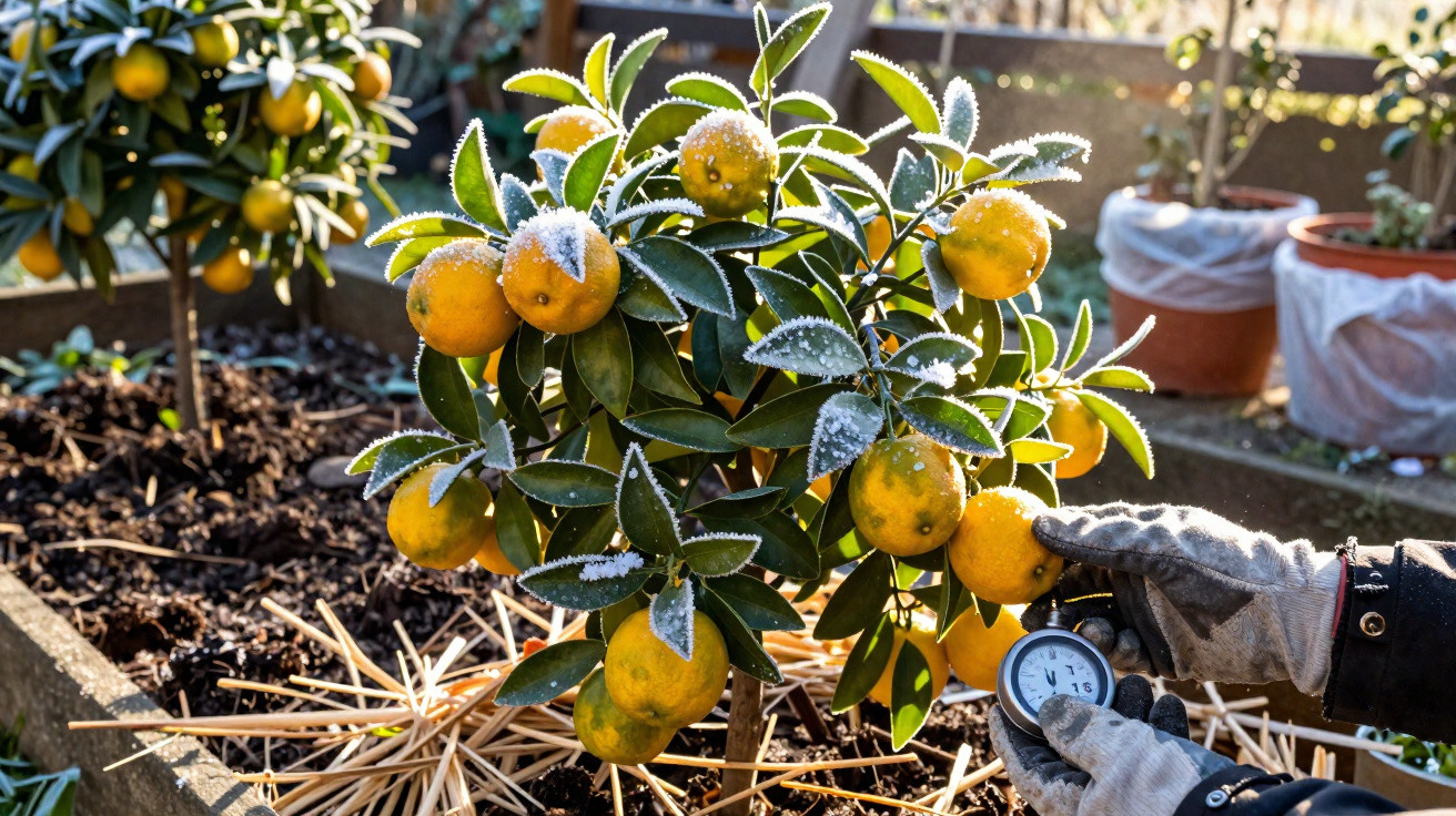 Mãos com luvas seguram termômetro perto de árvore com frutas cobertas de geada no jardim.