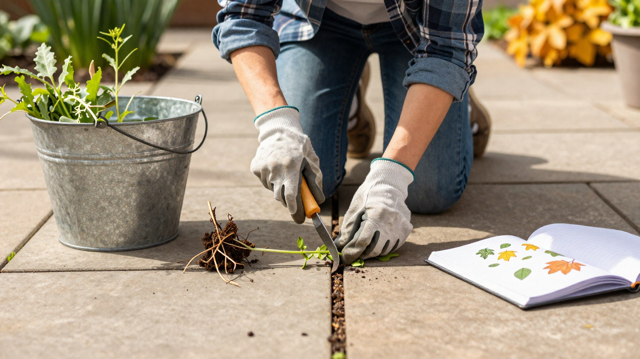 Pessoa com luvas podando plantas entre pisos de concreto com faca, com balde e livro aberto ao lado.