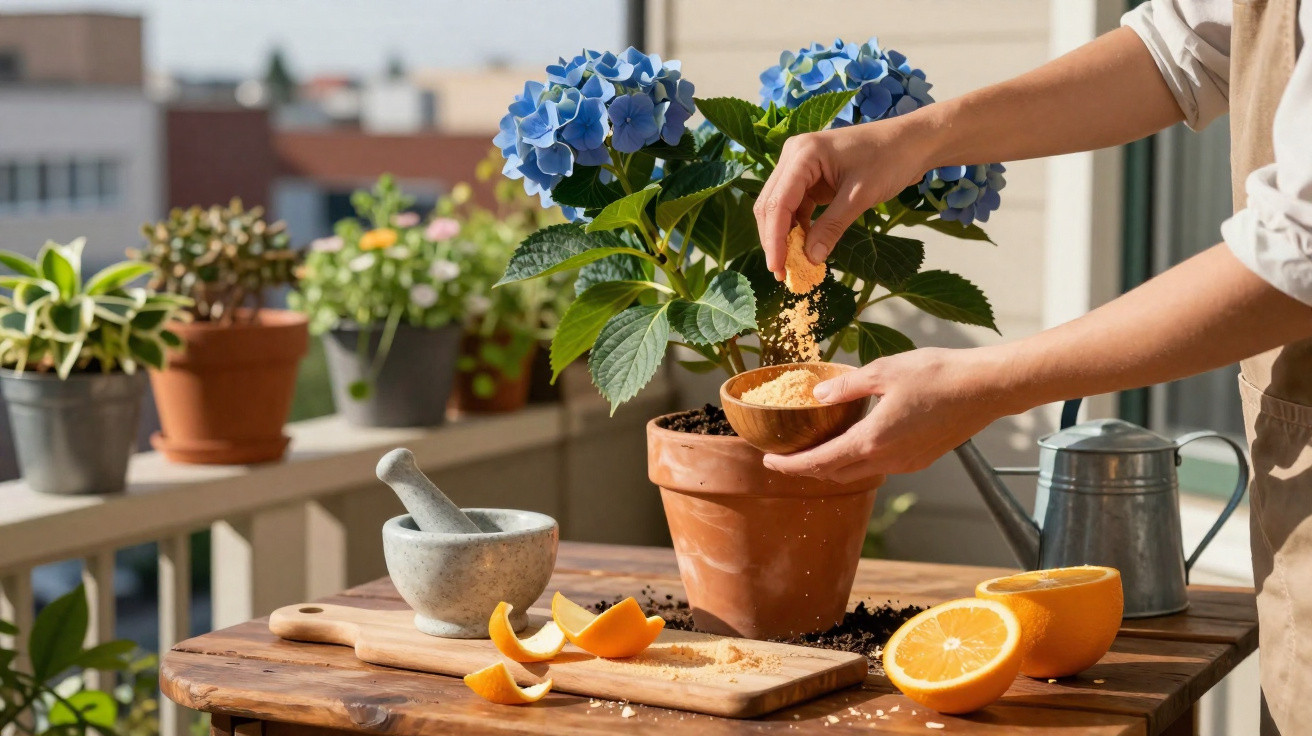 Pessoa fertilizando planta com flor azul em vaso de barro em varanda com mesa de madeira e frutas cortadas.