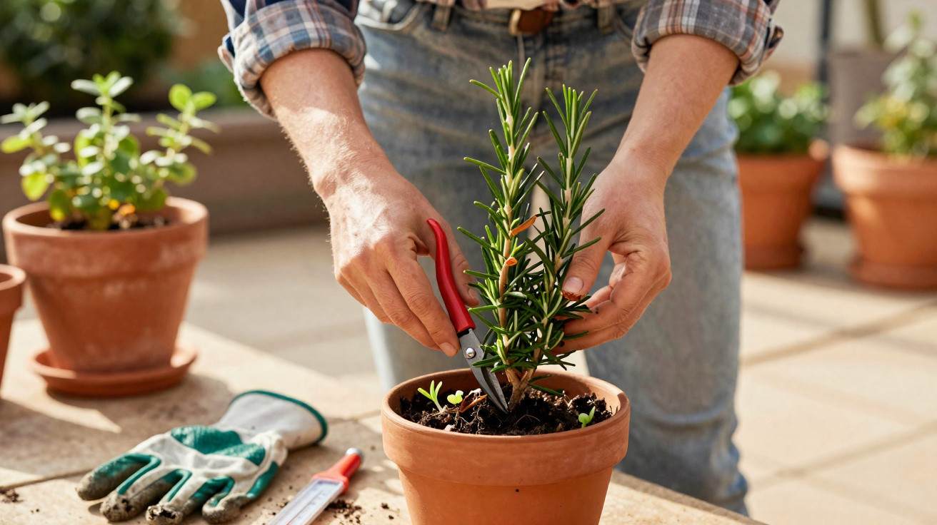 Pessoa podando planta de alecrim em vaso de barro em jardim com ferramentas de jardinagem sobre a mesa.