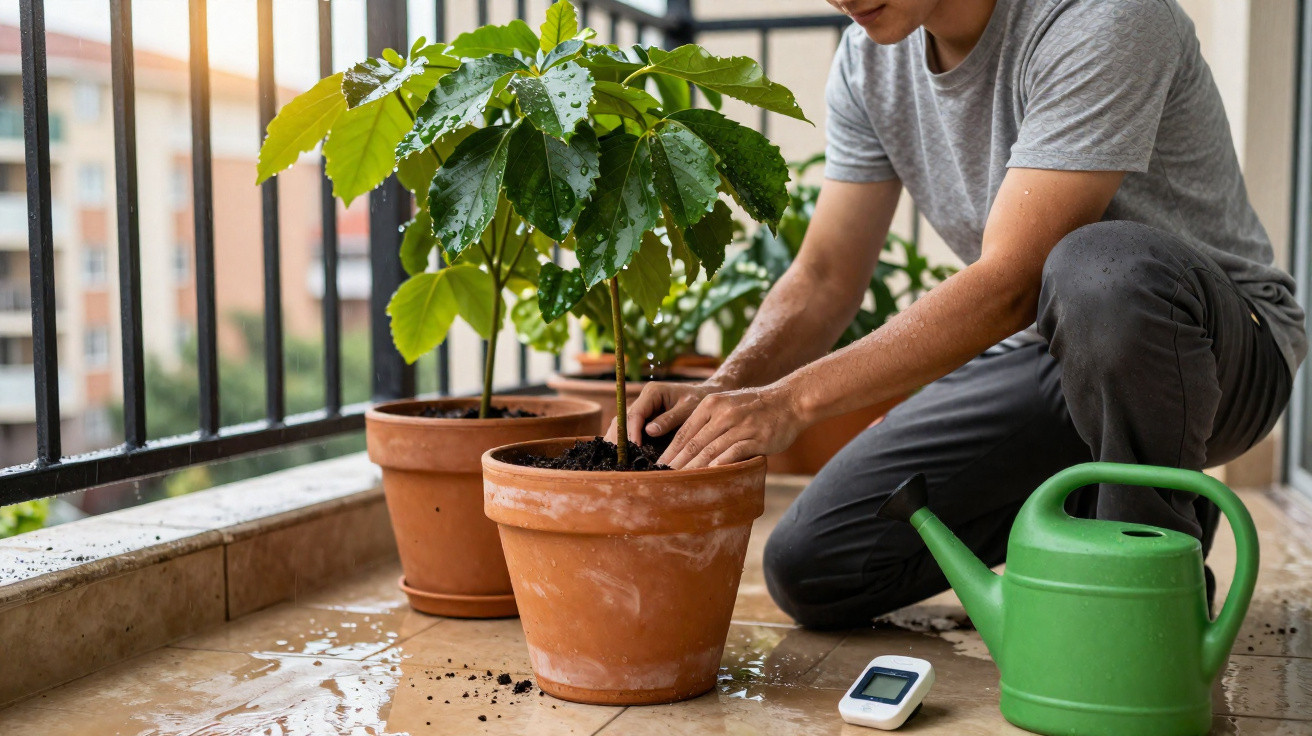 Pessoa cuidando de plantas em vaso de barro em varanda com regador verde ao lado.