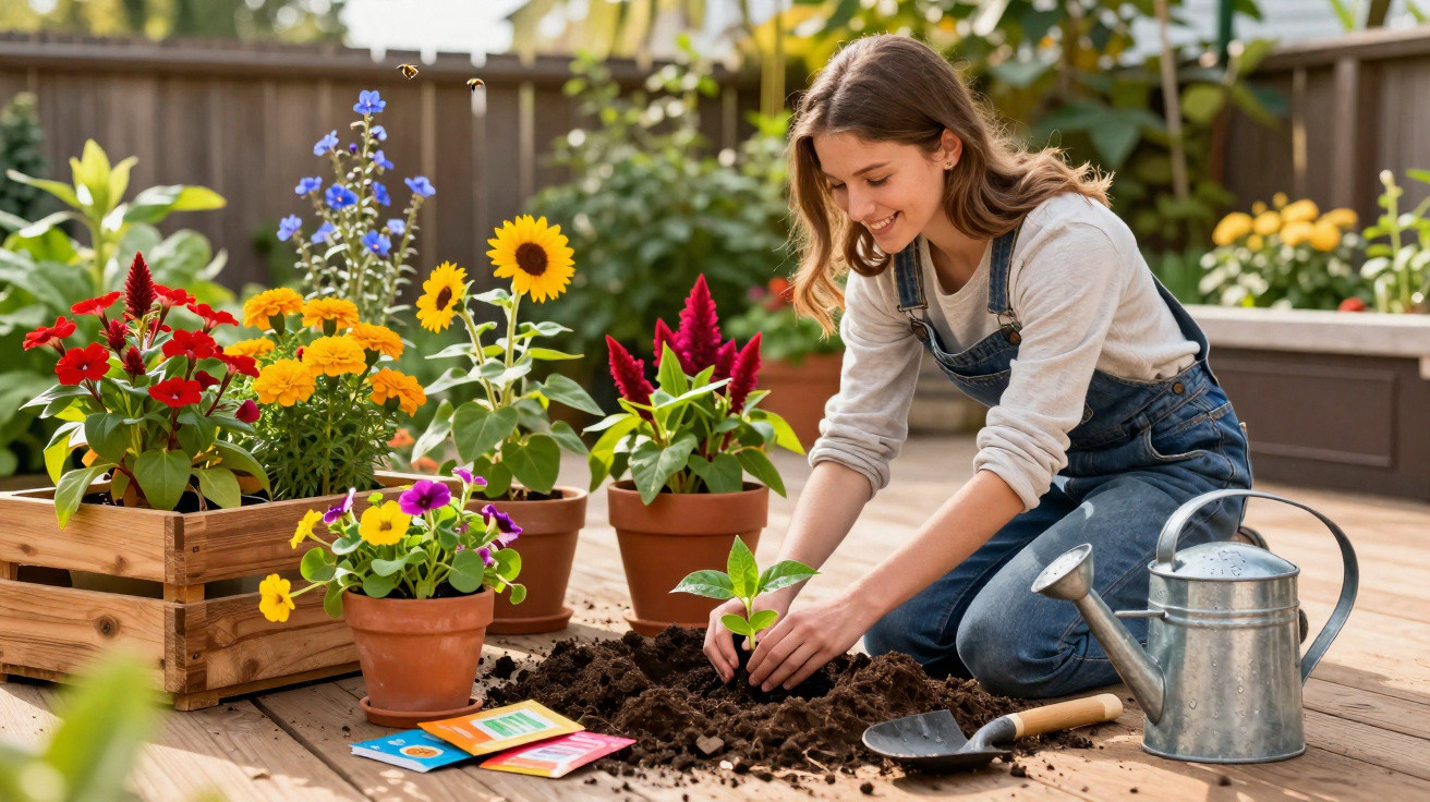 Jovem sorrindo enquanto planta flores em vaso no jardim, com regador e ferramentas ao lado.