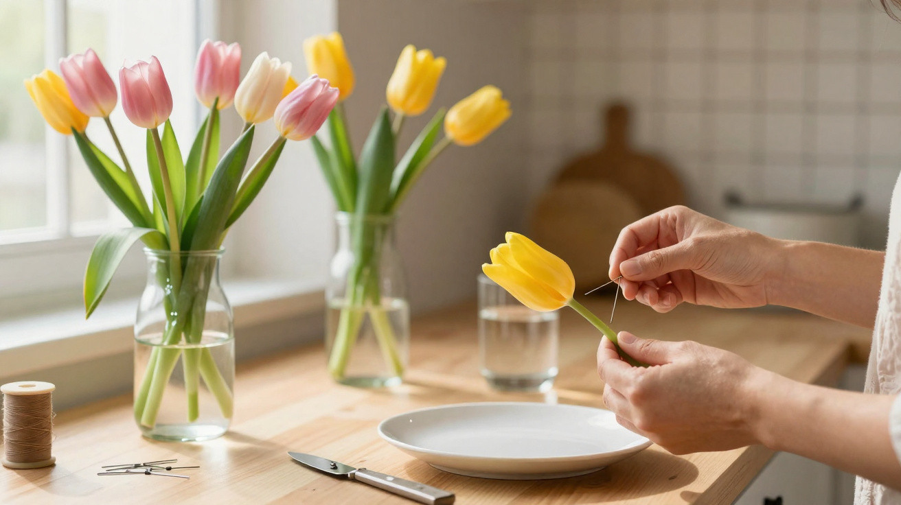 Pessoa usando alfinete para prender tulipa amarela, com vasos de tulipas ao fundo em bancada de cozinha.