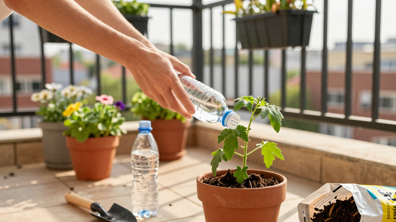Mão regando planta jovem em vaso de barro em varanda com outras plantas, garrafa de água e ferramentas ao redor.