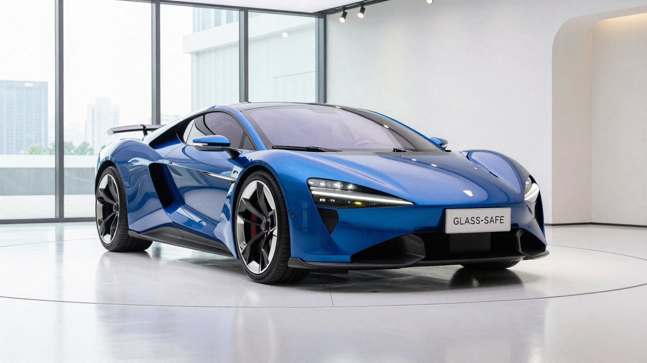 Carro esportivo azul elétrico estacionado em ambiente interno moderno com piso branco e grande janela de vidro.