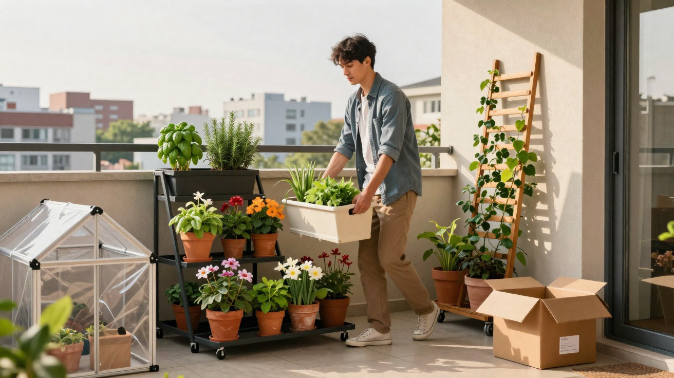 Jovem cuidando de plantas em vasos no terraço ensolarado de apartamento moderno.