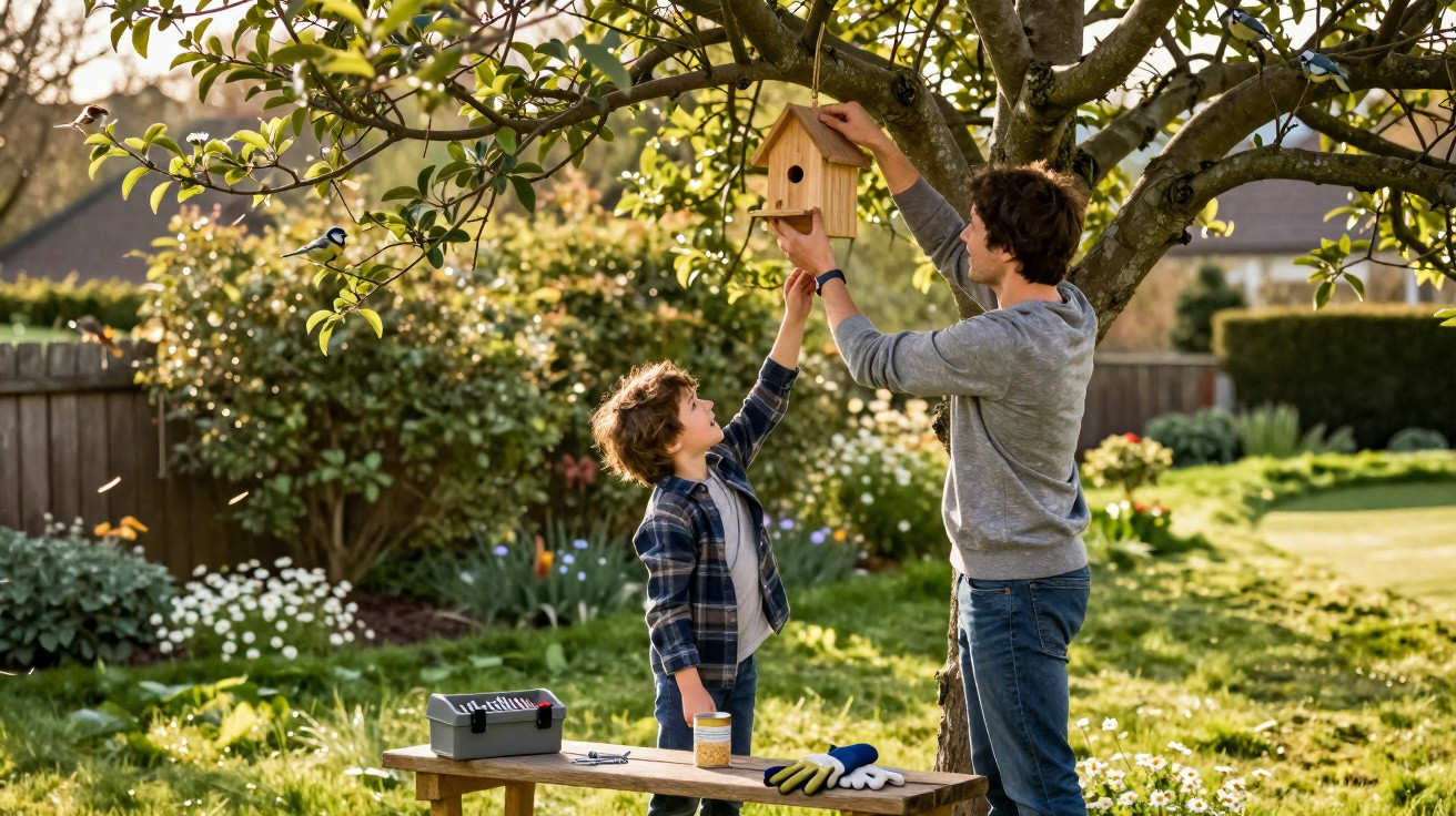 Pai e filho pendurando uma casinha de passarinho em uma árvore no jardim ensolarado.