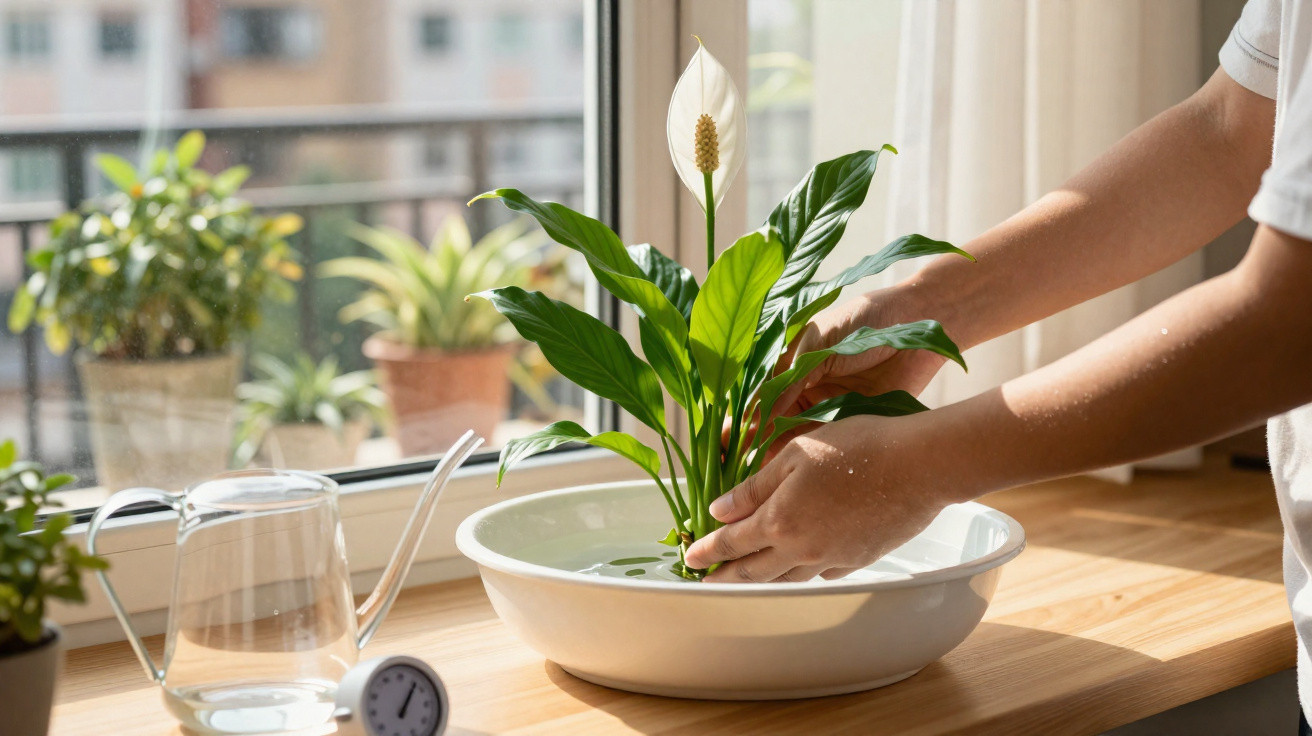 Pessoa cuidando de planta com flor branca em vaso raso dentro de casa próximo a janela ensolarada.
