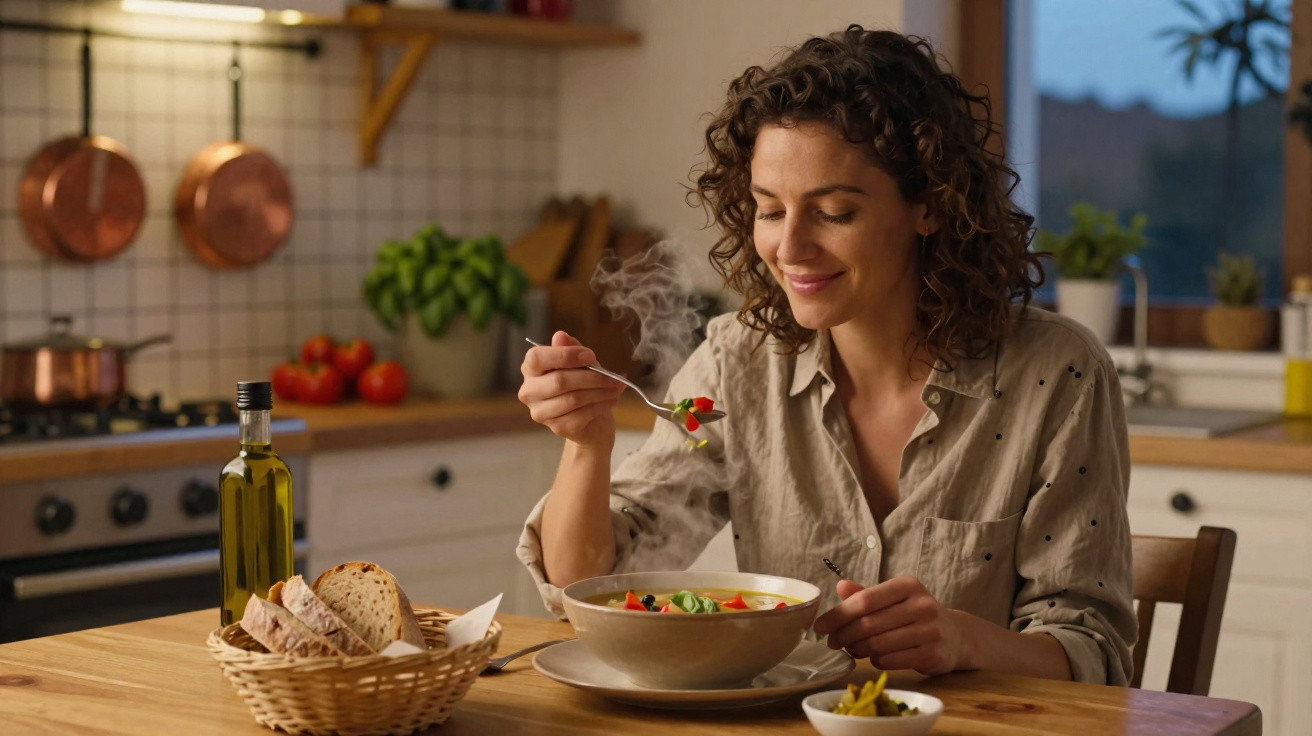 Mulher sorrindo provando sopa quente em cozinha aconchegante com pão e azeite na mesa.