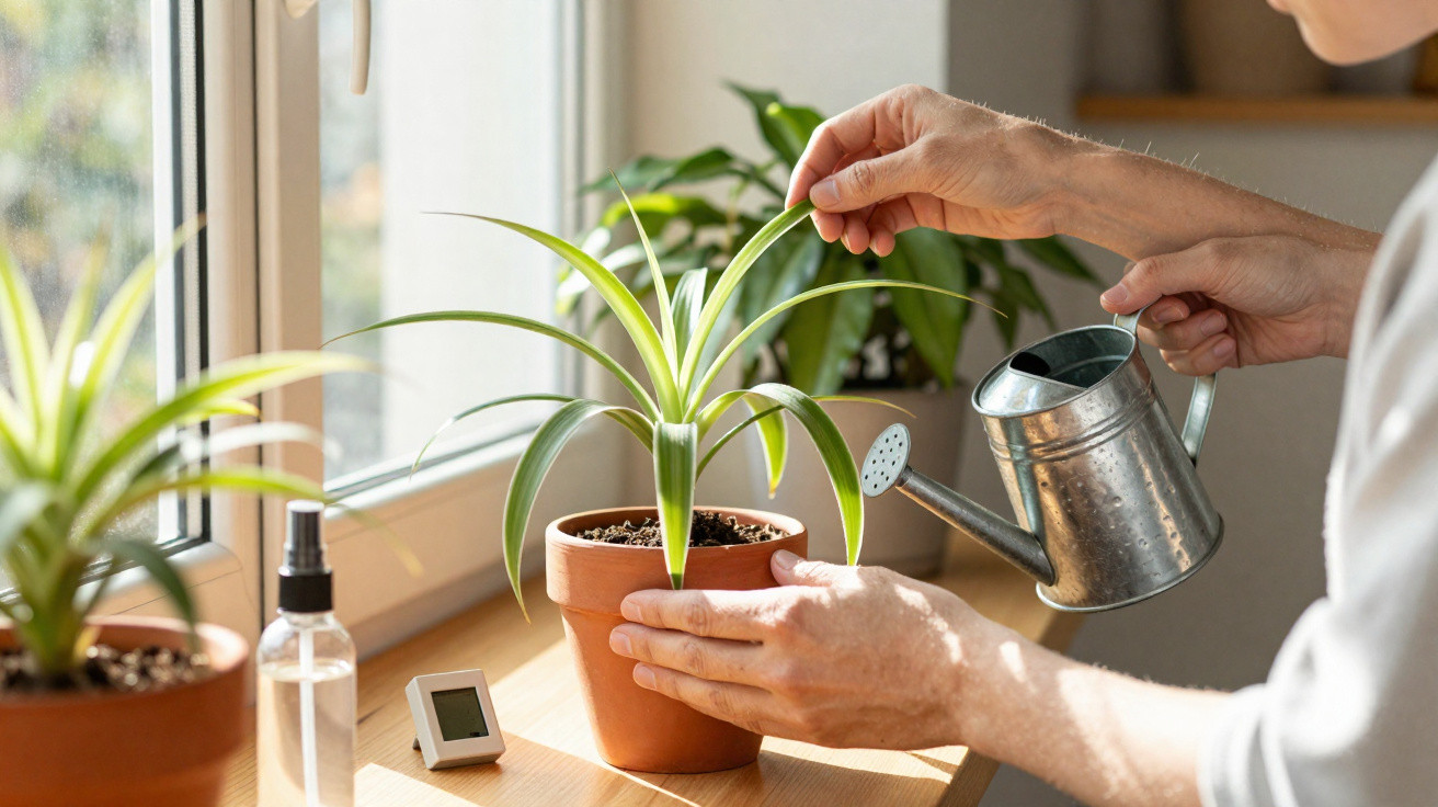 Pessoa regando planta em vaso de cerâmica perto da janela em ambiente interno iluminado pela luz natural.