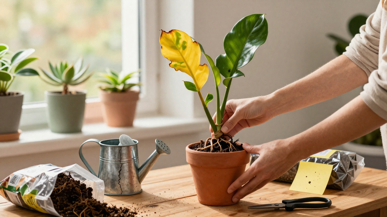 Pessoa transplantando planta com folhas verdes e amarela em vaso de barro em mesa com terra e regador.