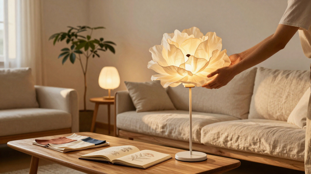 Pessoa ajusta luminária decorativa branca em sala de estar aconchegante com sofá creme e mesa de madeira.