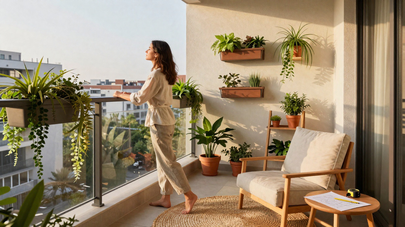 Mulher olhando para a paisagem em varanda decorada com plantas e móveis de madeira ao amanhecer.