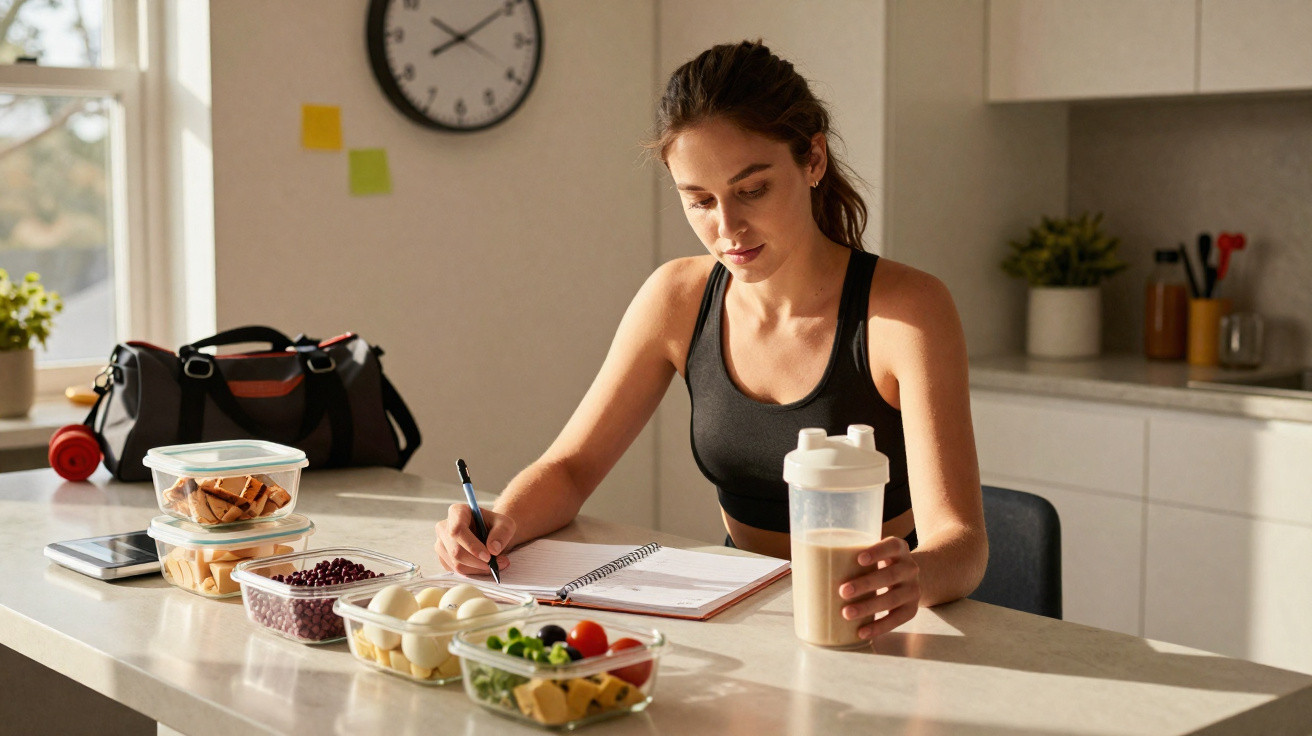 Mulher em roupa de treino anotando em caderno e segurando shake, com alimentos e sacola de academia na mesa.