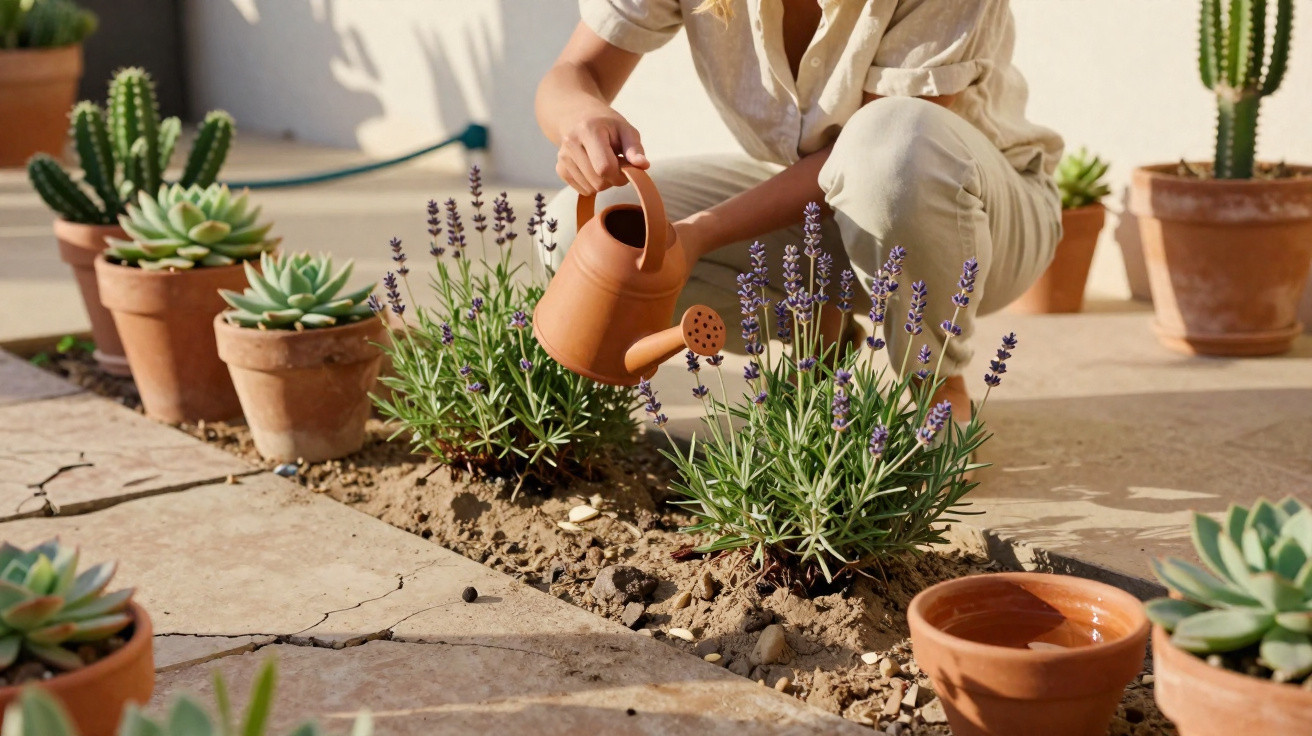 Pessoa regando plantas de lavanda em jardim com regador de barro e suculentas em vasos ao redor.
