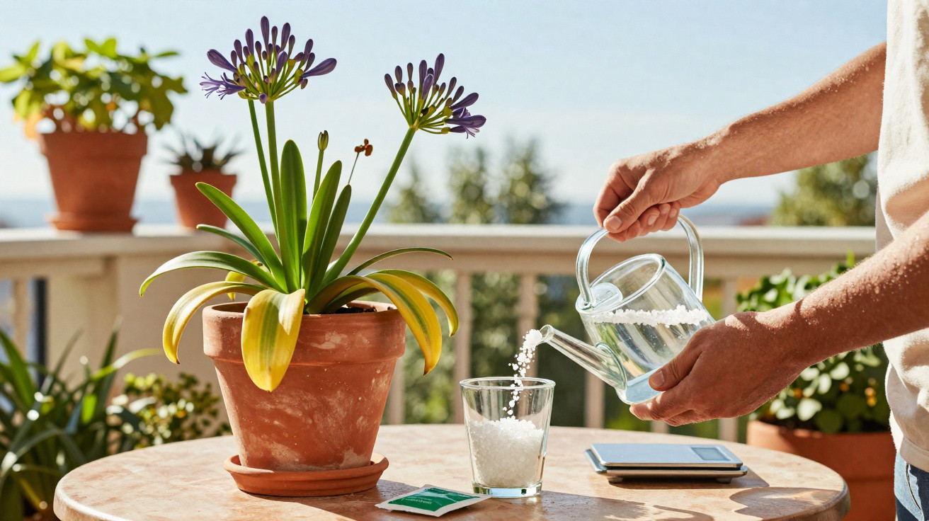 Pessoa regando planta com regador de vidro em mesa ao ar livre com outros vasos ao fundo.