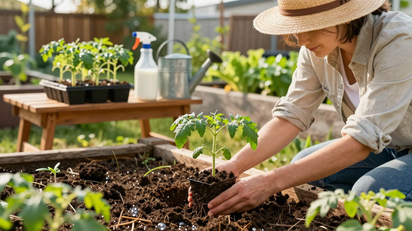 Mulher com chapéu plantando muda de tomate em canteiro de terra em jardim ensolarado.