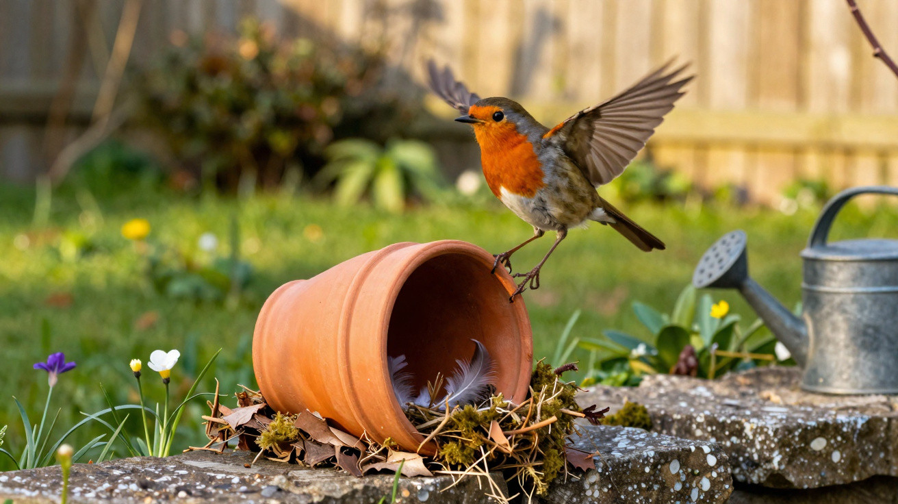 Pássaro com peito laranja voando perto de vaso de barro com penas e regador ao fundo no jardim.