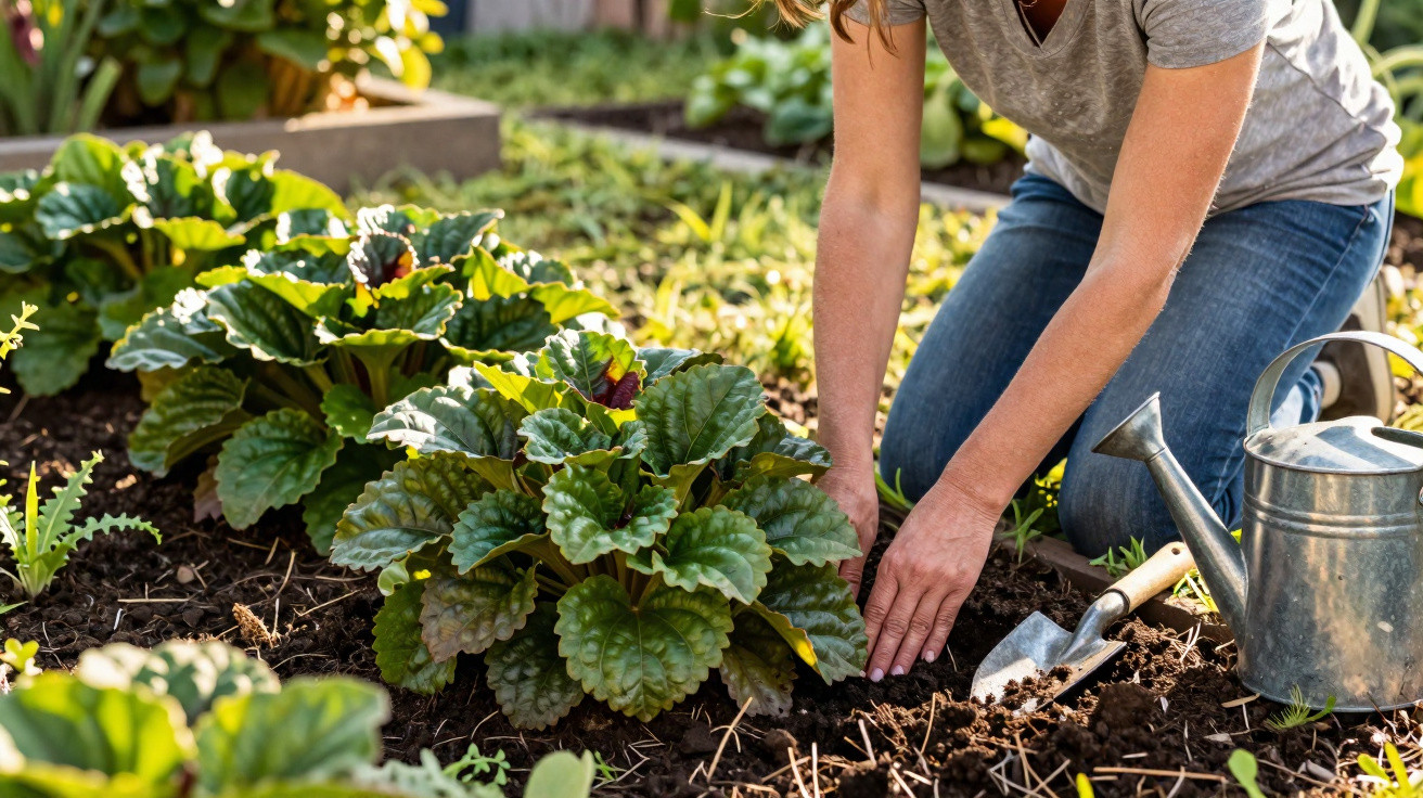 Pessoa cuidando de plantas em jardim, usando regador e ferramenta de jardinagem ao lado.